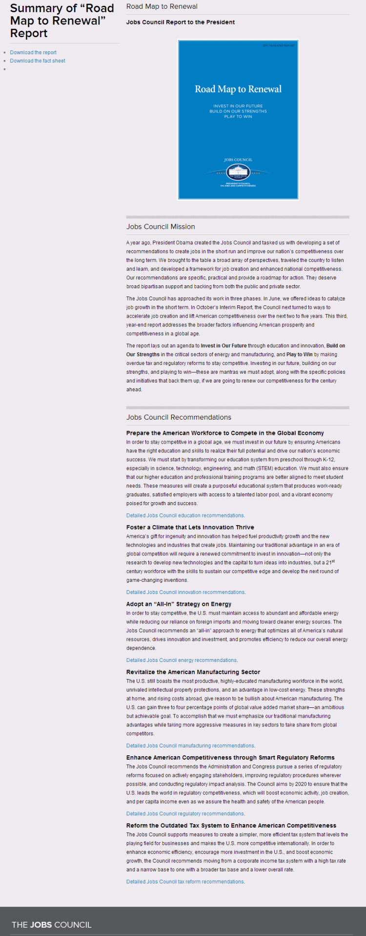 Summary of “Road Map to Renewal” Report - President's Council on Jobs and Competitiveness